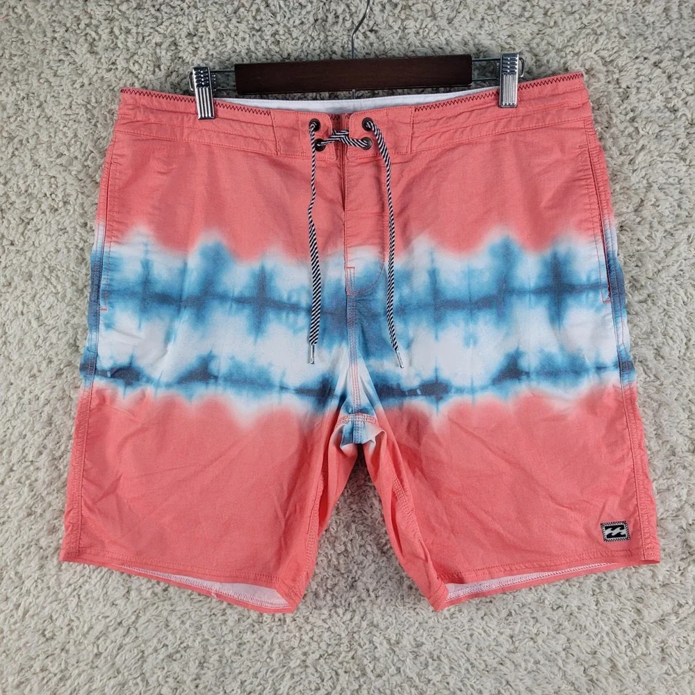 Billabong Lo Tides Sundays Board Shorts‎ Men 34 Pink Blue Tie Dye Excellent Surf